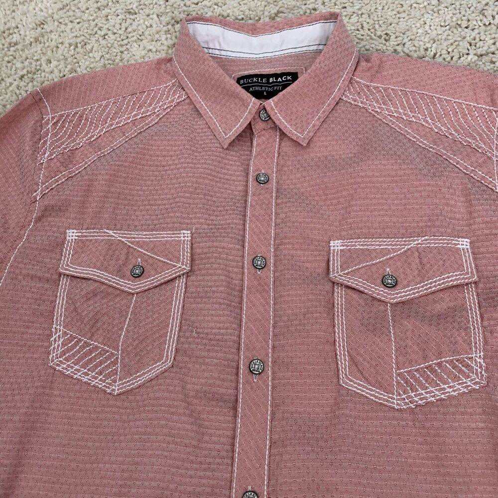 Buckle Black Shirt Mens Large Mauve Pink Athletic Fit Western Heavy Stitching - Picture 6 of 6
